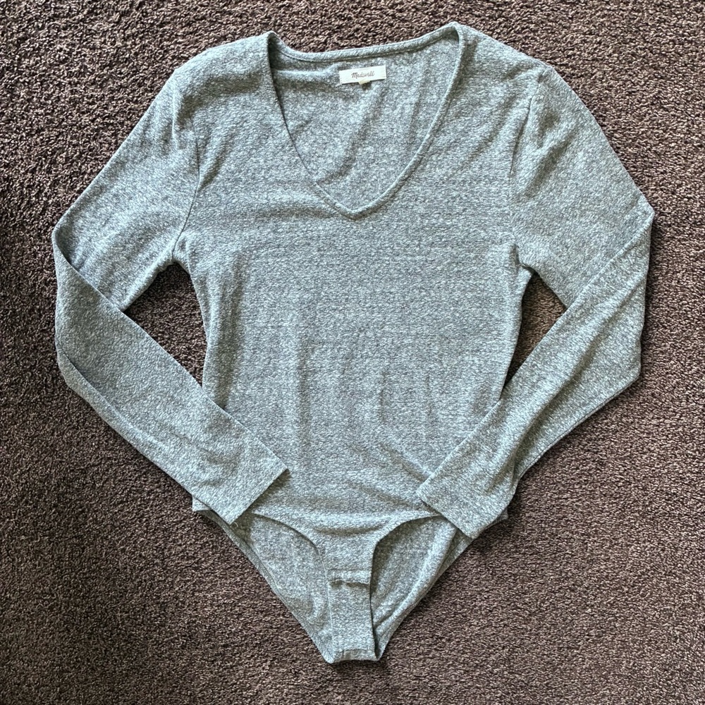 Madewell V-Neck Full-Coverage Long Sleeve Bodysuit, Heather Gray, Size XL